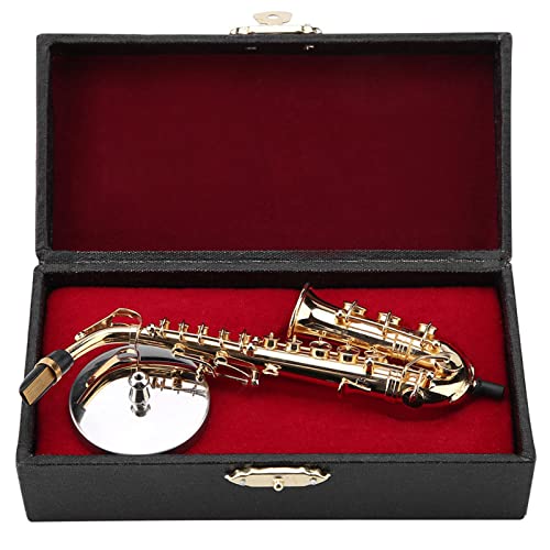 Miniatur Alt Saxophon, Saxophon Modell mit Ständer und Gehäuse Mini Musikinstrument Saxophon Instrument Modell Ornamente Golden Plated Musical Ornaments