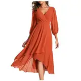 2025 Damen-Chiffon-Frühlingskleid mit V-Ausschnitt Langen Ärmeln, plissiert, A-Linie, Midi-Länge, für Hochzeitsgäste Hoodie Kleid Damen (Orange, M)