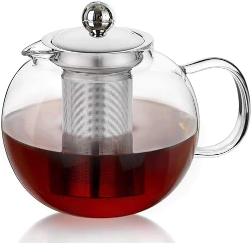 Teekanne Glas Runde1300ml, Glasteekannen mit 304 Edelstahl Siebaufsatz, Hitzebeständiges Glass Teapot Ideal zur Tees und Kaffee für Mikrowellengeeignet und Spülmaschinenfest