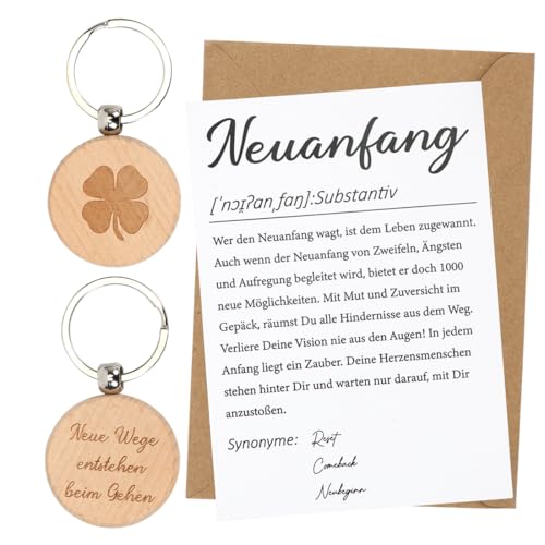 MorLuks Neuanfang Geschenk, Karte Neuanfang mit Kleeblatt Schlüsselanhänger Holz, Karte Abschied, Geschenke für Kollegen Jobwechsel Ruhestand Neuer Job Umzug Mutmacher