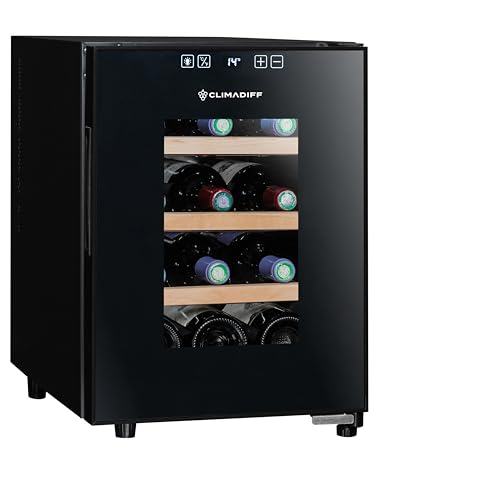 CLIMADIFF - Ultra-leiser Hybrid-Weinkühlschrank CC12F, 12 Flaschen, kleiner Temperier-Servier-Weinschrank, Temperaturbereich 11°C-18°C, freistehend