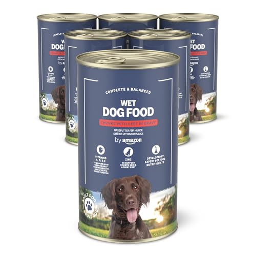 by Amazon Nassfutter für Hunde, Stücke mit Rind in Sauce, 6 x 1,24 kg