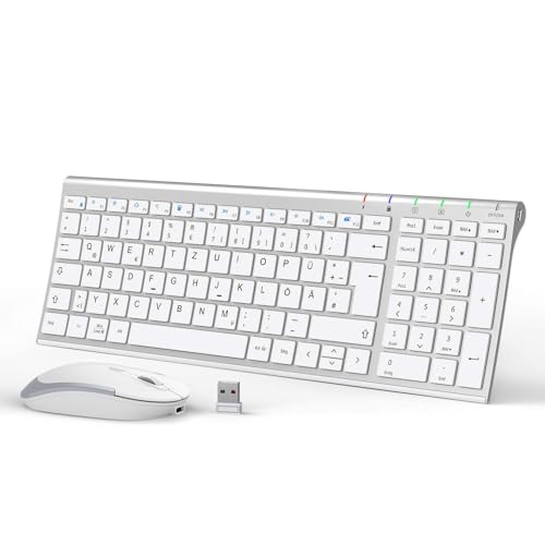 iClever Kabellos Tastatur Maus Set, Wiederaufladbare Kabellose Tastatur und Maus, QWERTZ Layout (Deutsch), Ultra Thin für Computer/Desktop/PC/Laptop/Windows 10/8/7, Weiß und Silber