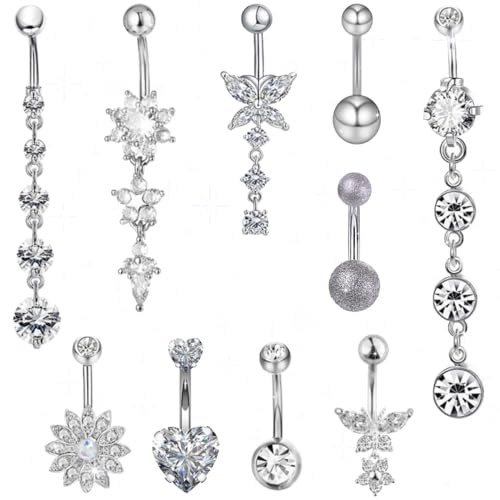 BDSHUNBF 10stk Bauchnabelpiercing Schwangerschaft, Piercing Bauchnabel Bauchnabelpiercing Schmetterling Herz Blume Anhänger Piercing Bauchnabel Schmuck Damen, Belly Piercing Bauchnabelpiercing Set