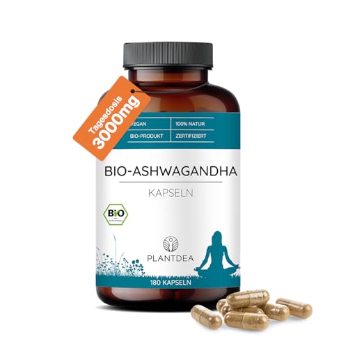 Bio Ashwagandha Kapseln I 3000mg Tagesdosis I hochdosierte 180 Ashwagandha-Kapseln I laborgeprüft I Bio Ashwagandha Pulver I veganes Ashwagandha-Präparat I Ohne Zusätze I PlantDEA