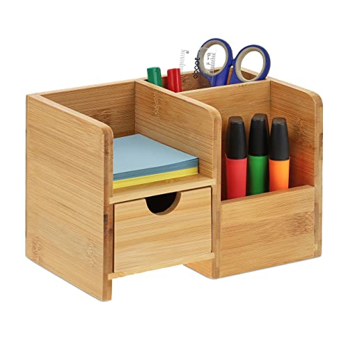 Relaxdays Schreibtisch Organizer, Schublade & Ablage, 2 Fächer, Bambus, Büro, Stiftehalter, HBT 14 x 20,5 x 13 cm, natur