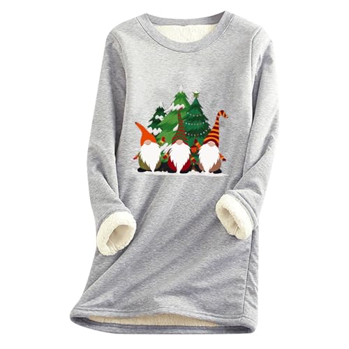 Winter O Neck Fleece Top Thermische Frauen Unterwäsche Dicke Fleece Sweatshirt Bluse Frauen Patchwork Weihnachten Crew Neck Top Lange Unterhemden Damen (Grey, XXL)