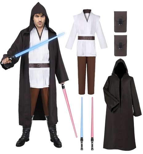 Jedi Kostüm für Herren mit Blau Rot Lightsaber, Obi Wan Kenobi Tunika Kapuzenmantel Outfit Umhang mit Kapuze Mittelalterlich Hoodies Jedi Robe Cosplay Set für Männer Halloween Karneval G058-XL