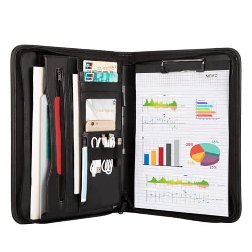 Leathario Schreibmappe A4 mit Reißverschluss,Konferenzmappe mit Schreibblock,Klemmbrett,Dokumentenmappe für Büro,Meetings, Aktenmappe für Bewerbungsgespräche,Arbeitsmappe für Studenten, Ärzte Schwarz