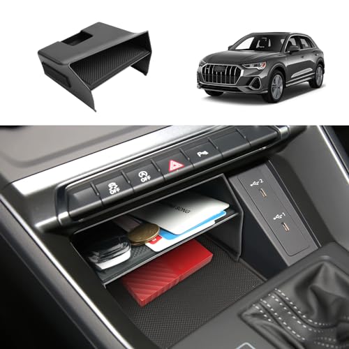 Coleya Mittelkonsole Aufbewahrungsbox Kompatibel mit Audi Q3 F3 2019-2024, Audi Q3 Zubehör Mittelarmlehne Handschuhfach, Audi Q3 F3 Armlehne Organizer Mit Rutschfestermatte (Schwarz)