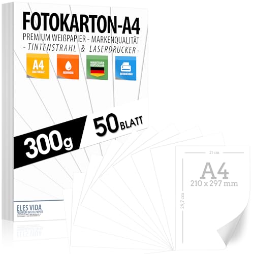 50 BLATT weisser Bastelkarton 300g/m² – PREMIUM PAPIER Reinweiß - DIN A4-21 x 29,7 cm - Druckerpapier Weiss unbedruckt für Fotografie, Präsentationen,Basteln, FOTOKARTON, Karton