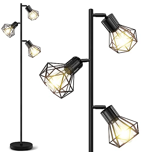 BBHome Industrielle Stehlampe, Bauernhaus-Baum-Stehlampe mit frei verstellbaren Käfigköpfen, rustikale Stehlampen für Wohnzimmer, Schlafzimmer, Büro, schwarze(Glühbirnen sind nicht enthalten)
