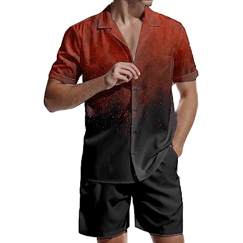 Herren-Kimono-Soutan-Cardigan-Hemd-Hemd-Hemd- mit entspanntem, antikem Digitaldruck Daunenweste Herren Set für Männer Anzugheeren Herren T-Shirt Shorts Jogginganzug Kurze Hose Set Sweat (Red, XXXL)