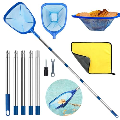 HEYIDAMAI Pool Kescher, Poolkescher Feinmaschig mit Teleskopstange 220cm Lang, Pool Kescher Fein 14cm Tief, Bodenkescher Pool, Pool Reinigungsset mit Putztüche, für Schwimmbad,Teich Algen