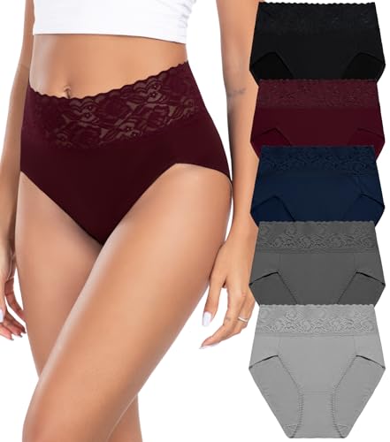 Wealurre Unterhosen Damen, Unterwäsche Frauen Baumwolle Hohe Taille Slip Damen Unterwäsche Spitze 5er Pack (6005,Dark,M)