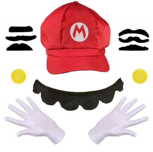 GWAWG Mario Luigi Kostüm Accessories Mütze Hut Handschuhe Bart gelbe Knöpfe Faschingkostüme für Fasching Karneval Halloween Cosplay Mottoparty Kostüm für Kinder Damen Herren