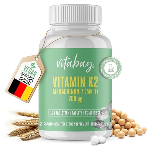 Vitabay Vitamin K2 hochdosiert 200 µg (mcg) - VEGAN 120 Vitamin K2 Tabletten MK7 MK-7 - Vitamin K2 MK7 200µg - Vit K2 Vitamin K 2 Vitamin K2 200µg All-Trans Form K2 Vitamin Vitamin-K2 Mk7 Vitamin K2