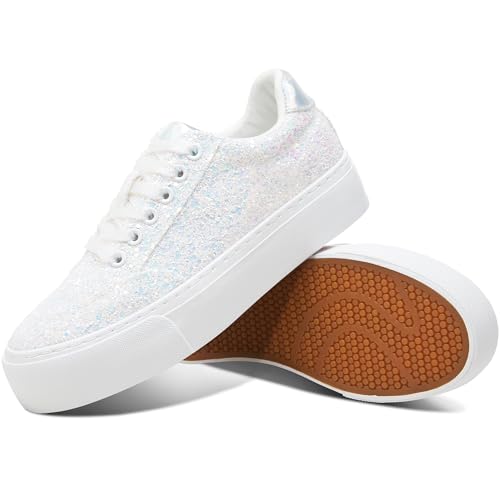 Jeekopeg Glitzer-Plateau-Sneaker für Damen, lässige Pailletten, glitzernde Schuhe, glitzernde dicke Sohle, Wanderschuhe, glänzende Pailletten, Hochzeits-Sneaker für Damen, weiß / glitzer, 38.5 EU