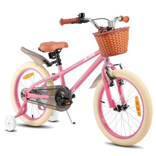 HILAND 18 Zoll Kinderfahrrad für Mädchen Jungen 5 6 7 8 Jahre mit Stützräder, Handbremse und Rücktrittbremse Korb Rosa