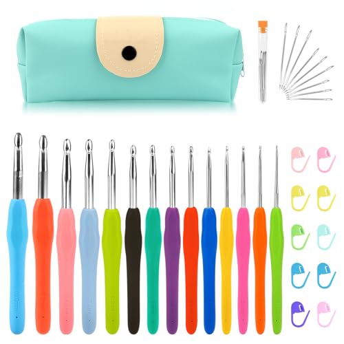 VFANDV Häkelnadel Set, Häkelnadel Mit Ergonomischem Softgriff Häkeln Stricken Nadeln Kit mit Tragbaren Tasche Häkelset für Anfänger und Profis Maschenmarkierern (14)