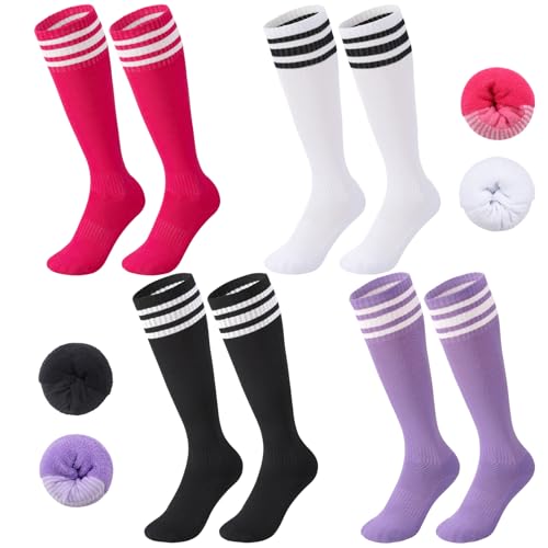 Zuimei 4 Paar Kinder-Fußballsocken, lange atmungsaktive Fußballsocken für das tägliche Laufen, Training, Socken für Kinder, Mädchen, Jungen im Alter von 5–12 Jahren, Schwarz + Weiß + Rosarot + Violett