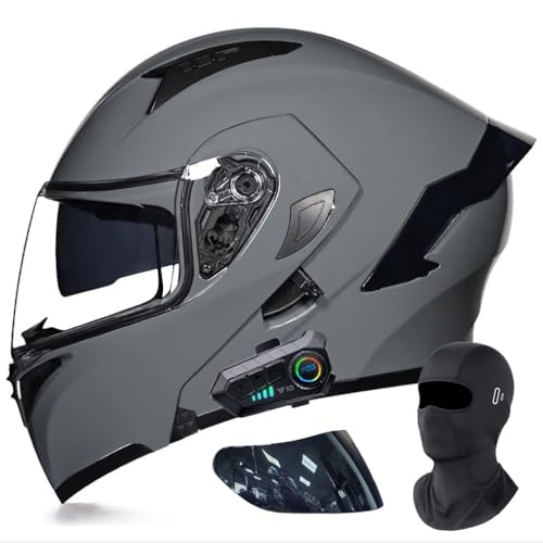 Klapphelm mit Bluetooth Doppelvisier Modularer Helm Mit Gesichtsmaske Geliefert ECE Zertifiziert Motorradhelm Abnehmbares Futter mit Eingebautem Mikrofon für Automatische Reaktion