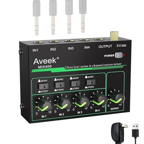 Aveek 4-Kanal Kleinmischpult, Mini 4 Stereo Audio Mixer, rauscharm für präzises Submixing, 1/4’’ TRS Ein-/Ausgang Ideal für Mikrofone/PC/Gitarren/Bass/Bühne