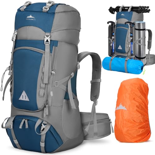 IGOLUMON Trekkingrucksack 60L Wanderrucksack Herren Damen Reiserucksack Großer Rucksack mit Regenhülle für Camping Trekking Mountainering Outdoor Reisen, Sport，Blau