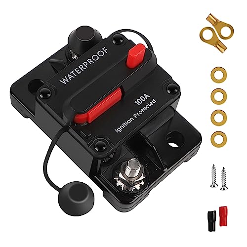 EXLECO Auto Schutzschalter 100A Sicherungshalter KFZ Automatiksicherungshalter 12V-24V DC Auto Leistungsschalter Sicherung LKW Manuell Reset Schalter für Car Audio Solar mit Kabelschuhe Kupferscheiben