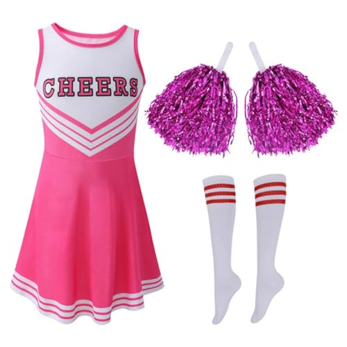 WISREMT Kinder Mädchen Halloween Cheerleader Kleid Cheerleading Outfit Cheer Uniform Kleidung Sets + Pom Poms + Tube Socken 3-12Y