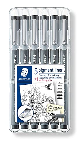 STAEDTLER Fineliner Set pigment liner, 6 Linienbreiten, hohe Qualität, Pigmenttinte, dokumentenecht, lichtbeständig, schwarz, 5 Fineliner und 1 Stück gratis, 308 SB6P1