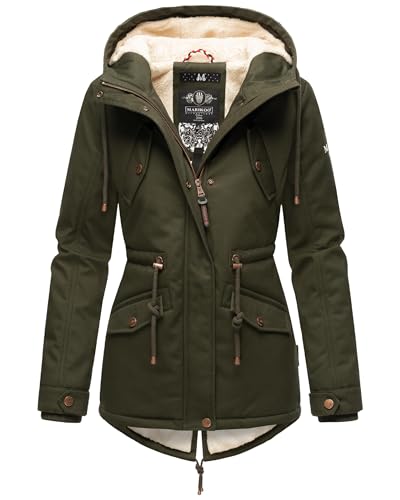 MARIKOO Damen warme Winterjacke mit kuscheliger Verstellbarer Kapuze Manolya Dark Olive Gr. L