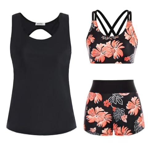 Generisch 3-teiliger Tankini Damen Bauchweg Bademode Set Tank Top mit Push-up-Bikinioberteil und High Waist Badeshorts Boho Einfache Badebekleidung Damen-Sport-Badeanzug für Schwimmbad Strand