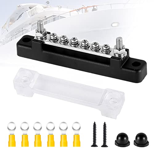 6 polige Sammelschiene Verteilerblock, Einreihige Sammelschiene 150A Sammelschienenblock mit Abdeckung, Verteilerblock, Sammelschienen-Schraubklemme, Busbar für LKW, Bus, Boot (Schwarz)