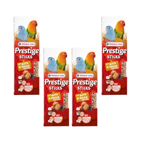 Versele-Laga Prestige Sticks kleine Papageien mit Nüssen & Rosinentopping | 4er Pack | 4 x 60 g | Snack für kleine Papageien & Sittiche | Ohne synthetische Konservierungsmittel
