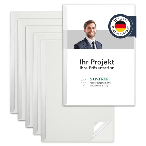 STRATAG Klemmmappen Klemmschienen-Set mit transparentem Deckel aus PP Kunststoff sowie Binderücken aus stabilem 350 g/m² Karton (Perlweiß, 6 Stück)