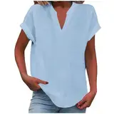 Angebote des Tages Heute Damen V-Ausschnitt T-Shirt, Lose Kurzarm Blusen, Einfarbig, Basic Style, Mittellange Länge, Perfekt für Büro & Casual Looks,Blau,5XL