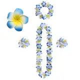 5 Stücke Blumenkette Deko,Leis Blumenketten Hawaii,Bunte Hawaii Kette Blumen,Hawaii Kostüm Damen Zubehör,mit Armband Haarclips,für Karnevals Tropisches Luau Strand Hochzeit Party Deko (Blau+Weiß)
