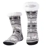 WOTENCE Herren Warme Dicke Wintersocken Anti Rutsch Sohle,Flauschig Thermo Socken Innenfrottee Hausschuhe Socken (Hellgrauer Hirsch)