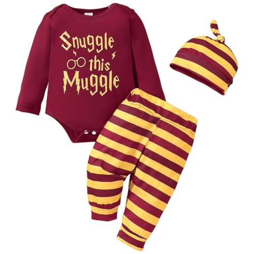 Asmea Baby Kleidung Harry Baby Kleidung Snuggle This Muggle Neugeborene Jungen Mädchen Langarm Body + Hose + Hut Harry Babyartikel Baby Geschenk Junge Baby Shower 3PCS Babykleidung Neutral Rot