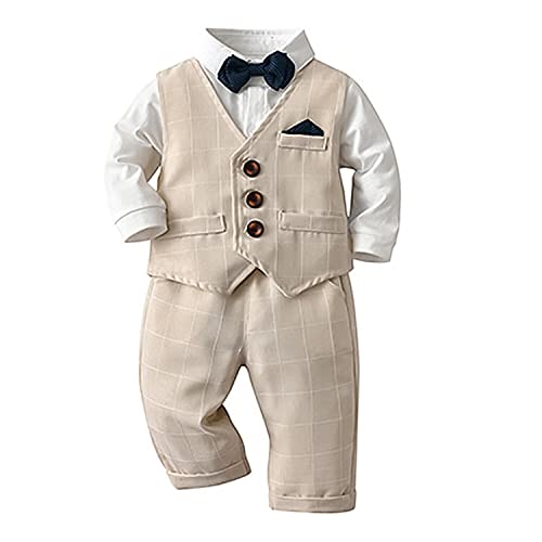 Volunboy Baby Anzug Jungen Anzugweste Hemd mit Fliege für Festlich Hochzeit Bekleidung Set 4tlg（12-18 Monate，Khaki-Plaid，Größe 80）