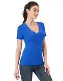 AmélieBoutik Damen-T-Shirt, Spitzenbesatz, Ärmel, V-Ausschnitt, leicht, kurzärmelig, Blau, Klein