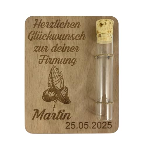 Geldgeschenk zur Firmung – personalisiertes Holzbrett mit Reagenzglas – Gravur mit Name, Datum & Motiv – Geschenkidee aus Buchenholz zur Taufe oder Kommunion