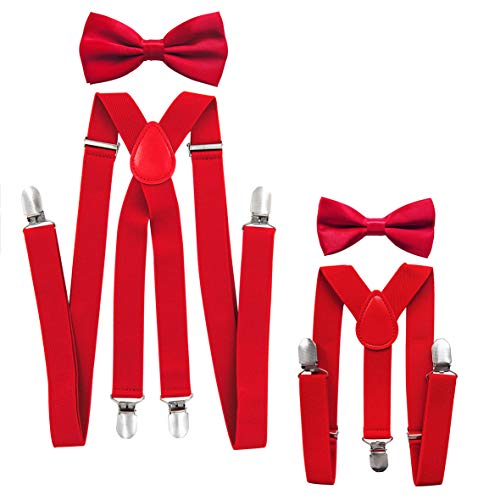 axy® Vater-Sohn Partnerlook Hosenträger mit Fliege Set für Herren-Damen-Kinder (Rot (Herren 2,5cm + Kinder Hosenträger Breit 2,5cm))