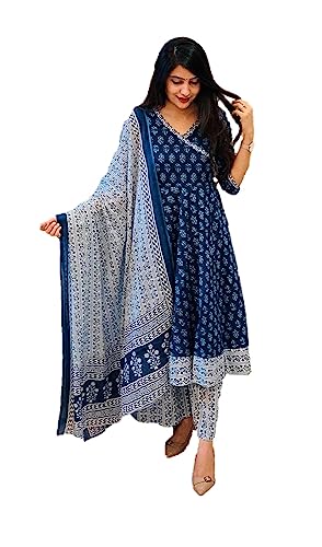 Kurta-Set für Damen, indisches Tunika-Top, Baumwolle oder Rayon, Kurti mit Palazzo-Hose, Partykleidung, Blau, Large