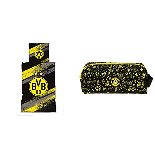 Borussia Dortmund BVB-Bettwäsche Graffiti Streifen one Size & BVB Unisex Jugend BVB-faulenzermäppchen Groß Mäppchen, schwarzgelb, Einheitsgröße