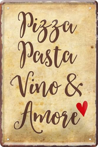 WOGEKA ART Retro Blechschild - PIZZA PASTA VINO & AMORE - Lustiger Spruch als Geschenkidee für ITALIEN Fans zu Geburtstag Weihnachten als Deko Schild 20x30 cm Vintage Metallschild 203