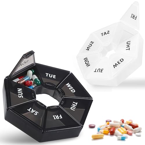 NICEIN®Tablettenbox 7 Tage-2 Stück Set,Morgens Abends Runden Pillendose,Tragbare und Feuchtigkeitsbeständiger Medikamentenbox,BPA-Freier Tabletten Organizer für Medikamente,Vitamine (Schwarz+Weiß)