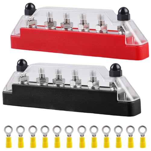 2 Stück Sammelschiene Verteilerblock, 150 A Sammelschienen-Schraubklemme Stromverteilungsblock, Busbar Box mit 6 x M6 Anschlussbolzen, Stromverteilungsblock Erdungsstrom für Auto RV Boat Rot Schwarz