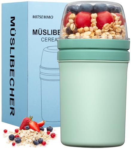 Müslibecher to Go 600ml+270ml,Joghurtbecher to Go Kinder mit Löffel,Müsli Cup to Go Becher,Cornflakes to Go,Müslibecher Müslidose Müslischale Frühstücksdose Müslibox,Joghurt Box to Go (Nordic Grün)